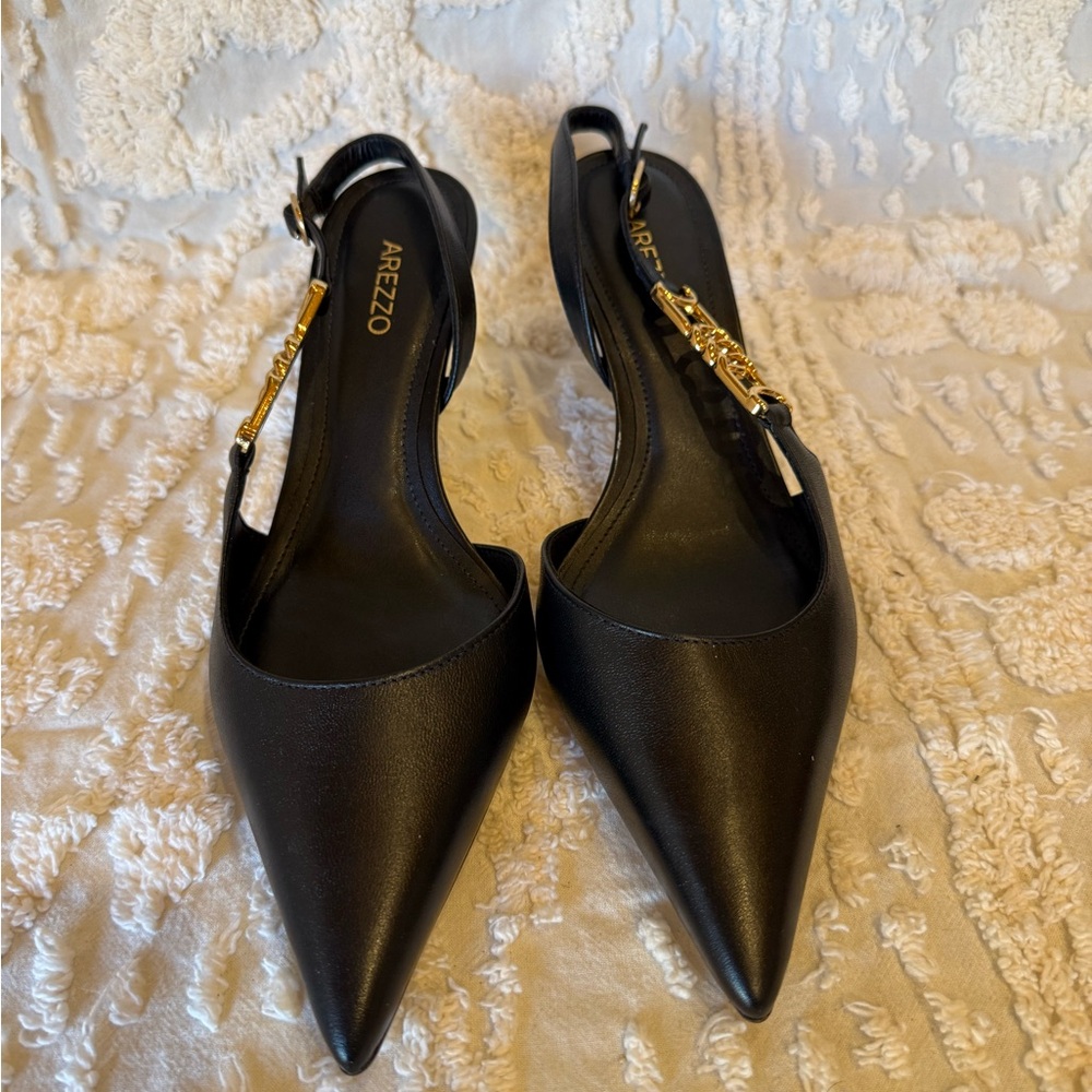 Black Pointed Slingback Heels with Gold Chain Detail #539 - Picture 2 of 4